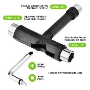 Chave Manutenção Skate Longboard T Black Multifuncional